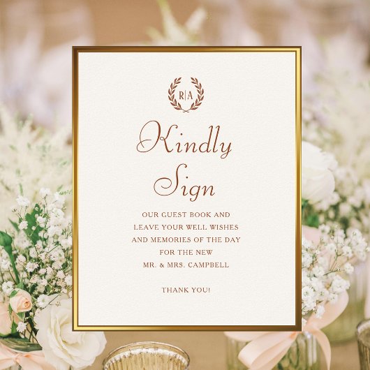 Kindly Sign Monogram Wedding Guest Book Terracotta Poster