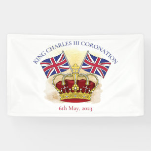 King Charles III Coronation Crown and Flags Banner