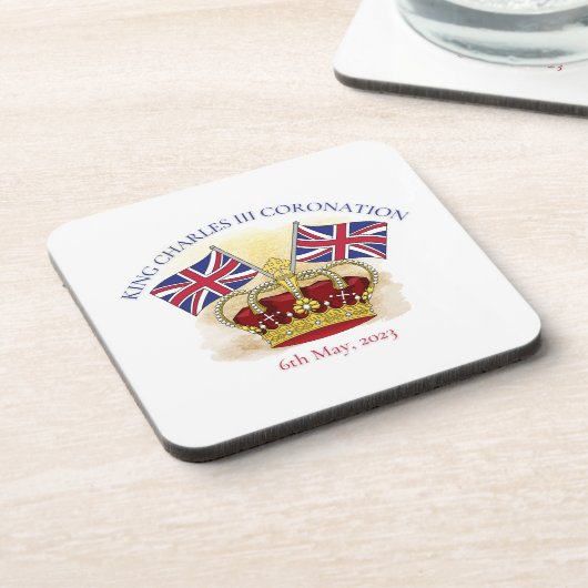 King Charles III Coronation Crown and Flags Getränkeuntersetzer (Linke Seite)