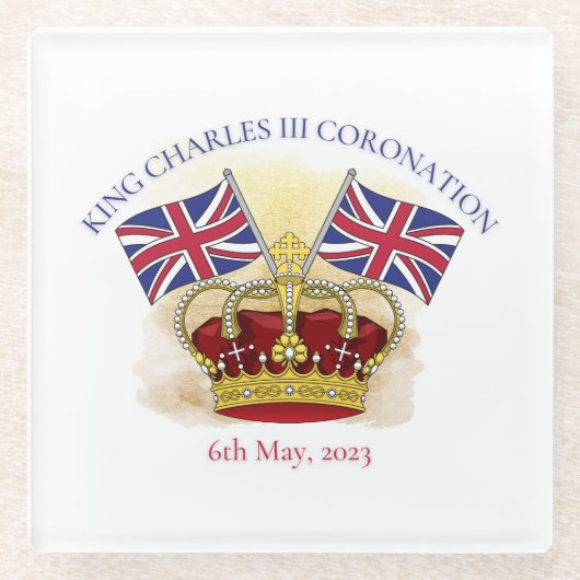 King Charles III Coronation Crown and Flags Glasuntersetzer (Vorderseite)