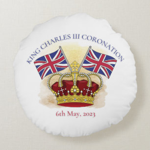 King Charles III Coronation Crown and Flags Rundes Kissen