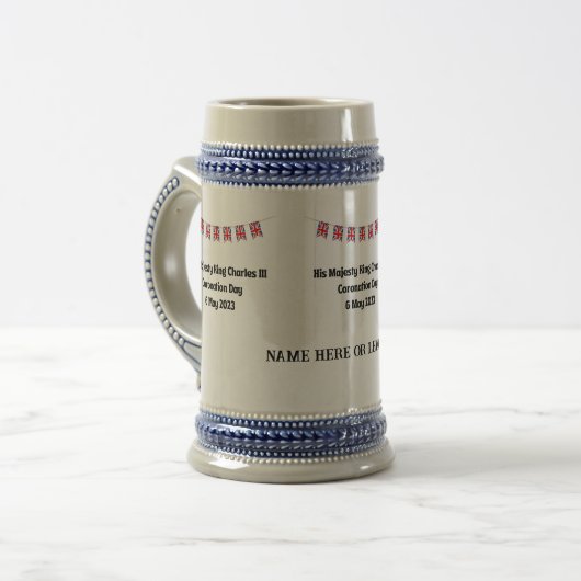 King Charles III Coronation Day Beer Stein Bierglas (Vorderseite Links)