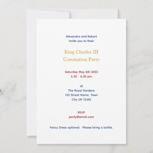 King Charles III Coronation Fun Custom Text Party Einladung (Rückseite)