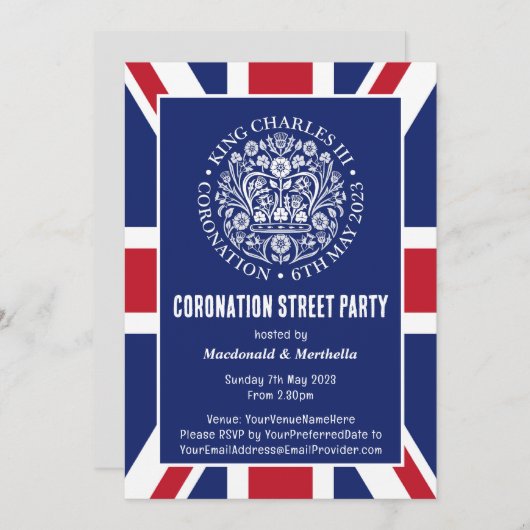 KING CHARLES III CORONATION Street Party Einladung (Vorne/Hinten)