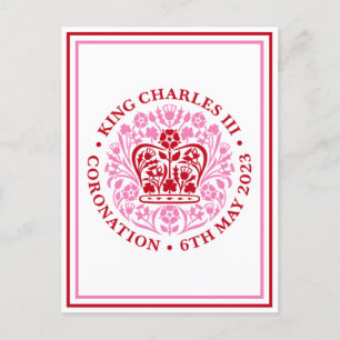 King Charles III Coronblem Logo Rot Rosa Postkarte