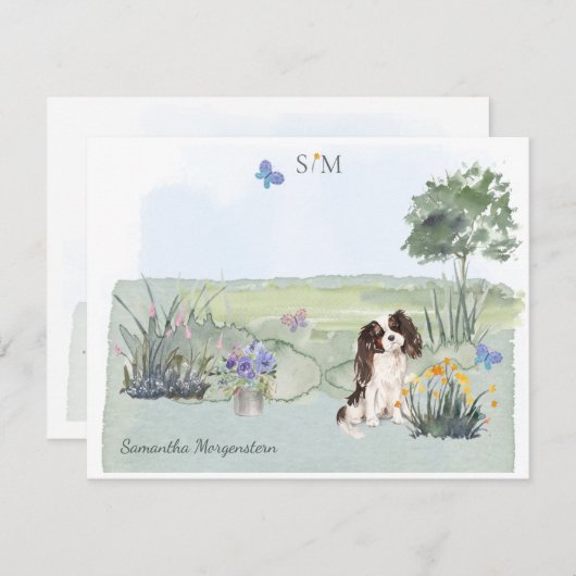 King Charles Spaniel Dog Butterfly Monogram Name Mitteilungskarte (Vorne/Hinten)