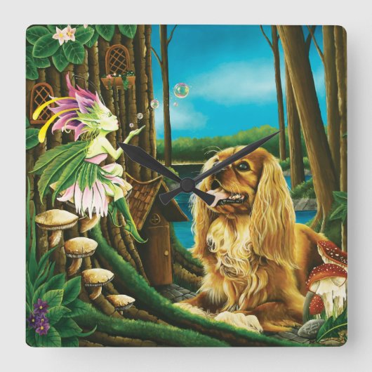 King Charles Spaniel & Sprite Quadratische Wanduhr (Vorderseite)