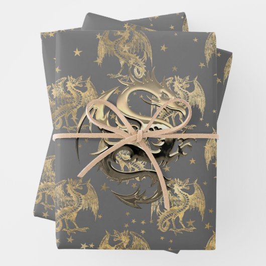King Dragon and Gold Stars Wrapping Paper Sheets Geschenkpapier Set (Beispiel)