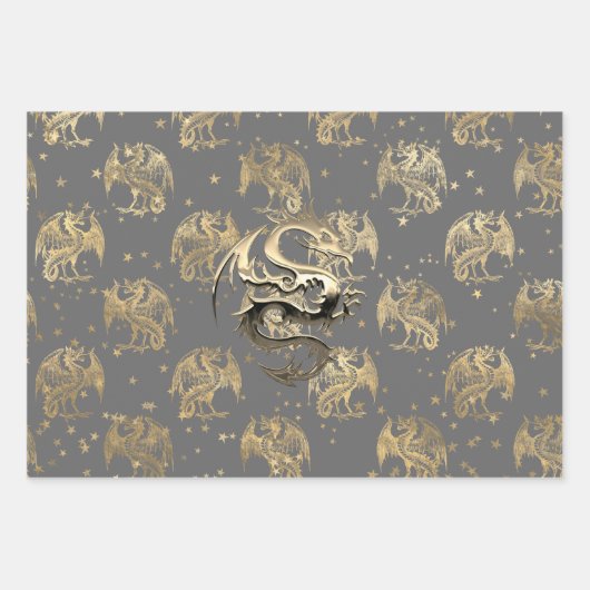 King Dragon and Gold Stars Wrapping Paper Sheets Geschenkpapier Set (Vorderseite)