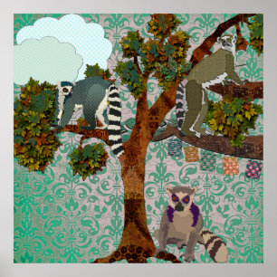 King Jullian & Lemurs Out on a Lima Green Damask P Poster