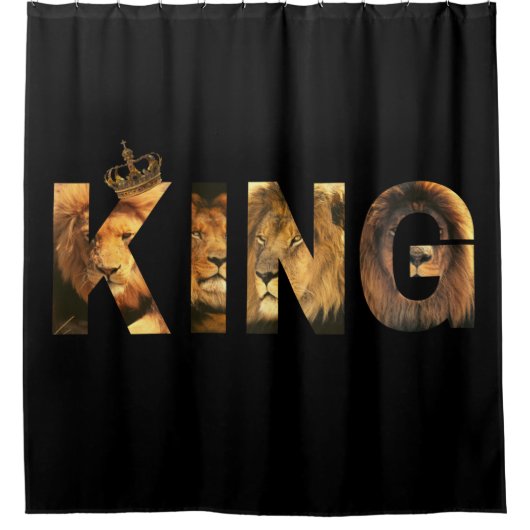 "KING Lion Lettering"-Design auf Schwarz Duschvorhang (Vorderseite)