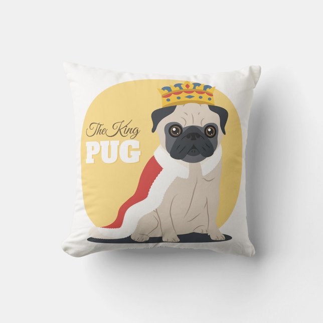 King Mops Kissen (A square throw pillow features a cartoon illustration of a pug wearing a crown!)