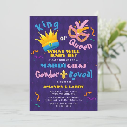 King oder Queen Mardi Gras Gender Reveal Einladung (Stehend Vorderseite)