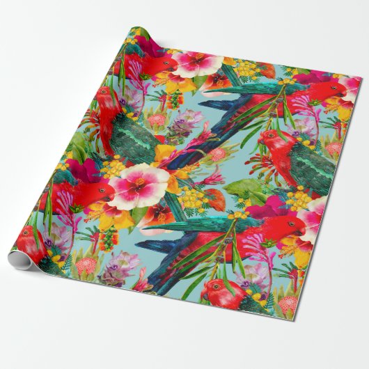 King Parrot Tropical Blooms Pattern Geschenkpapier (Ungerollt)