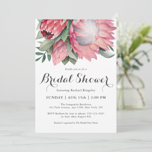 King Protea Botanisches Brautparty Einladung (Stehend Vorderseite)