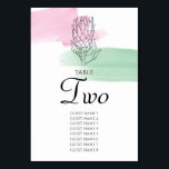King Protea Watercolor Wedding Guest Names Tischnummer<br><div class="desc">Dieses Design zeigt eine elegante Schwarz-Kontur-Abbildung einer King-Protea-Blume. Rosa und grüne Pinselstriche in Aquarellfarbe bringen die Schwarz-Weiß-Blumenillustrierung zum Leben. Rosa und grüne Farbstriche schaffen die Blütenfarben, die das Design ergänzen. Das Design konzentriert sich auf die Trennung der ausgeklügelten Typografie. Elegantes Hochzeitsdesign mit modernen Elementen in der Tischnummer. Auch die passenden...</div>