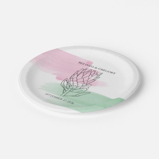 King Protea Watercolor Wedding Pappteller (Schrägansicht)