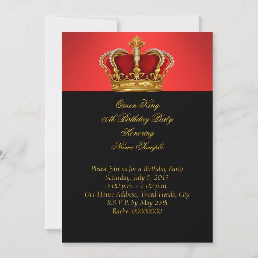 King Queen Gold Royal Regal Redish Birthday Party Einladung (Rückseite)
