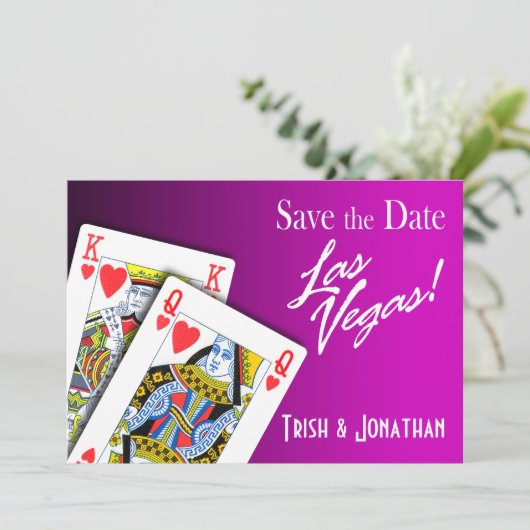King & Queen of Hearts Las Vegas Wedding lila Save The Date (Stehend Vorderseite)