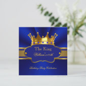 King Royal Blue Gold Birthday Party Mens Mans Einladung (Stehend Vorderseite)