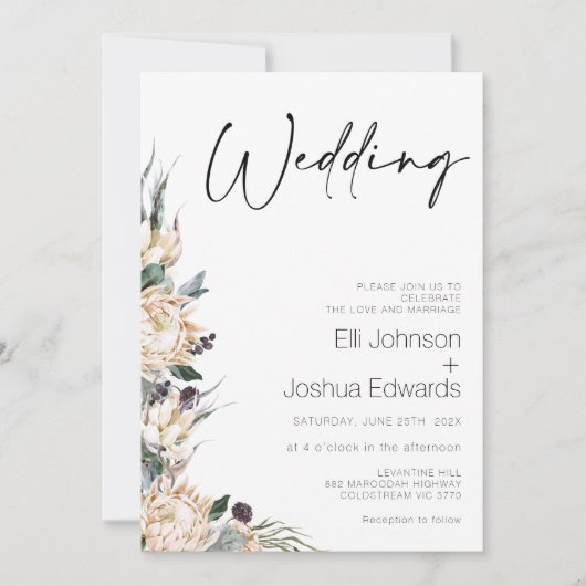 King White Protea Wedding Calligraphy Wedding Einladung (Vorderseite)