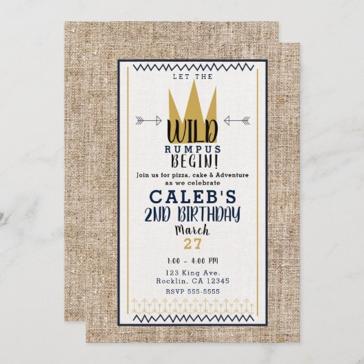 King Wild Thing Gold Crown Burlap Party Foto Einladung (Vorne/Hinten)