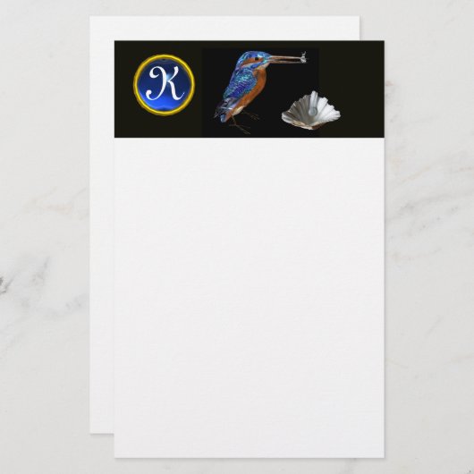 KINGFISCHEREIMONOGRAM, Blauer Saphir, Schwarz Briefpapier (Vorne/Hinten)