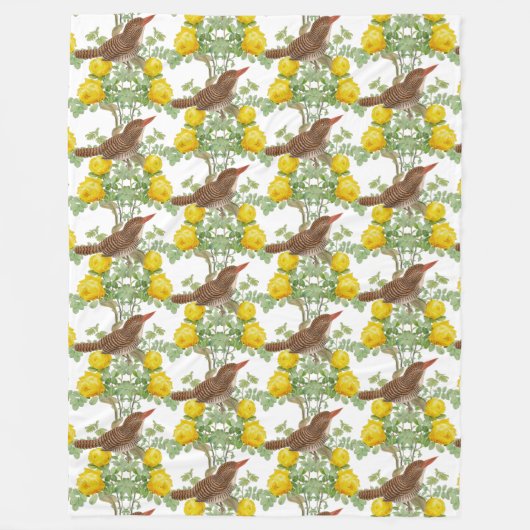 Kingfisher Bird and Yellow Roses White Fleecedecke (Vorderseite)