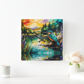 Kingfisher Gebirge, Wasser und Wildblumen Quadratische Wanduhr (Zuhause)
