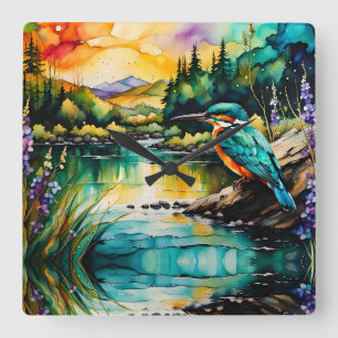 Kingfisher Gebirge, Wasser und Wildblumen Quadratische Wanduhr