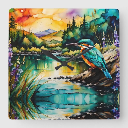 Kingfisher Gebirge, Wasser und Wildblumen Quadratische Wanduhr (Vorderseite)