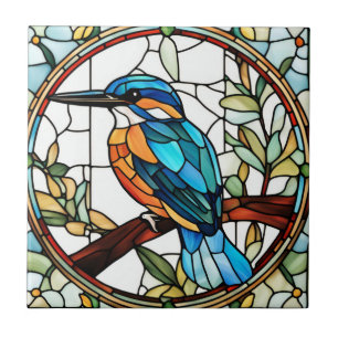 Kingfisher Glass Orange Blue Bird Fliese