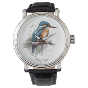 Kingfisher sitzend auf einem Zweig in Aquarellfarb Armbanduhr