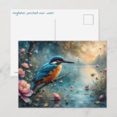 Kingfisher über Wasser-Rosa-Blume Postkarte (Vorne/Hinten)
