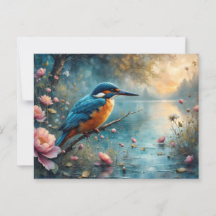 Kingfisher über Wasser-Rosa-Blume Postkarte