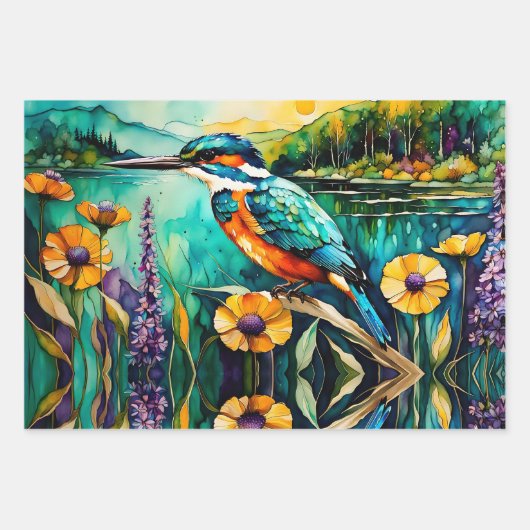 Kingfisher über Wasser und Wildblumen Geschenkpapier Set (Vorderseite 3)