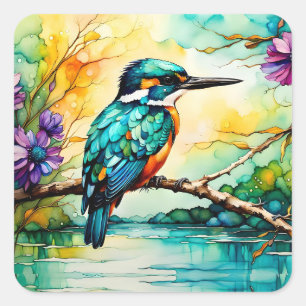 Kingfisher über Wasser und Wildblumen Quadratischer Aufkleber