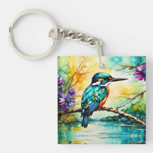 Kingfisher über Wasser und Wildblumen Schlüsselanhänger