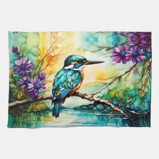 Kingfisher über Wildblumen Geschirrtuch (Horizontal)