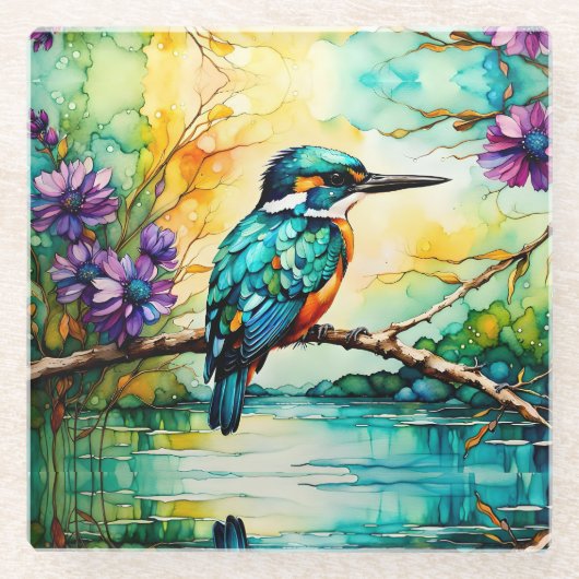 Kingfisher über Wildblumen Glasuntersetzer (Vorderseite)