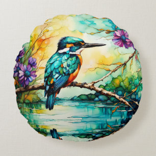 Kingfisher über Wildblumen Rundes Kissen