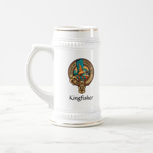 Kingfisher-Wappen über Tartan Beer Stein Bierglas (Links)