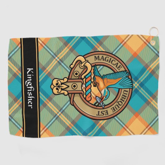 Kingfisher Wappen über Tartan Golftuch Golfhandtuch (Horizontal)
