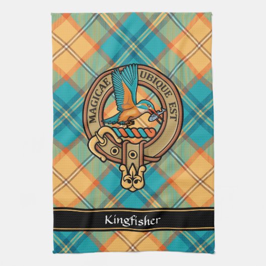 Kingfisher Wappen über Tartan Küchentuch (Vertikal)