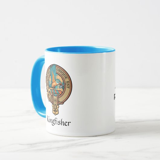 Kingfisher Wappen über Tartan Tartan Tasse (Vorderseite Links)