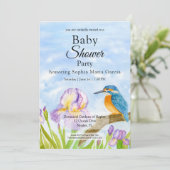  Kingfisher with Purple Irises Baby Shower Einladung (Stehend Vorderseite)
