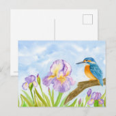  Kingfisher with Purple Irises Postkarte (Vorne/Hinten)