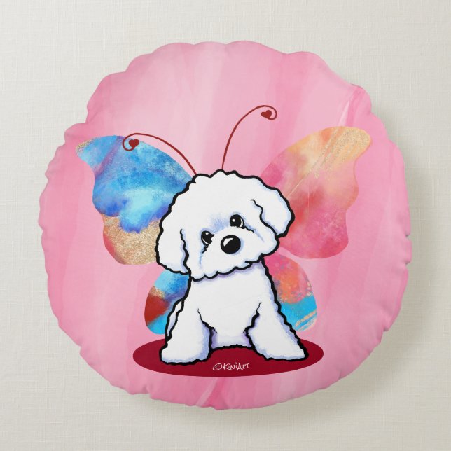 KiniArt Bichon Butterfly Rundes Kissen (Vorderseite)