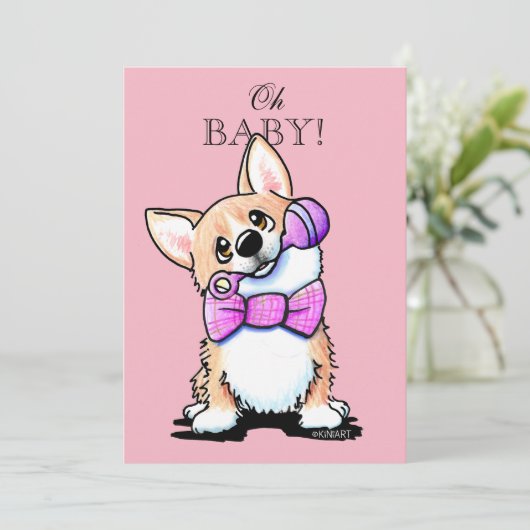 KiniArt Corgi Pink Kinderdusche Einladungen (Stehend Vorderseite)