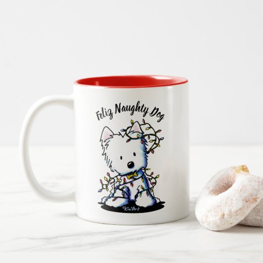 KiniArt Freighted Westie Weihnachten Zweifarbige Tasse (Mit Donut)